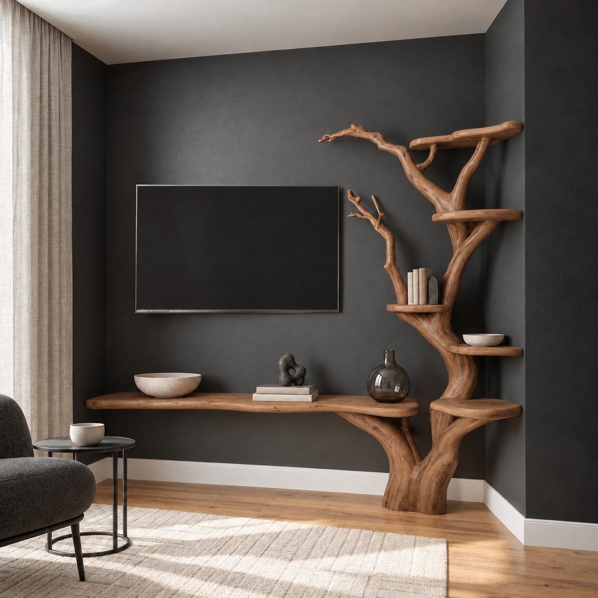 Rustic Tree Branch Bookshelf TV Stand For Living Room