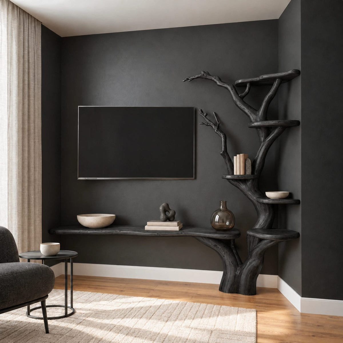 Rustic Tree Branch Bookshelf TV Stand For Living Room