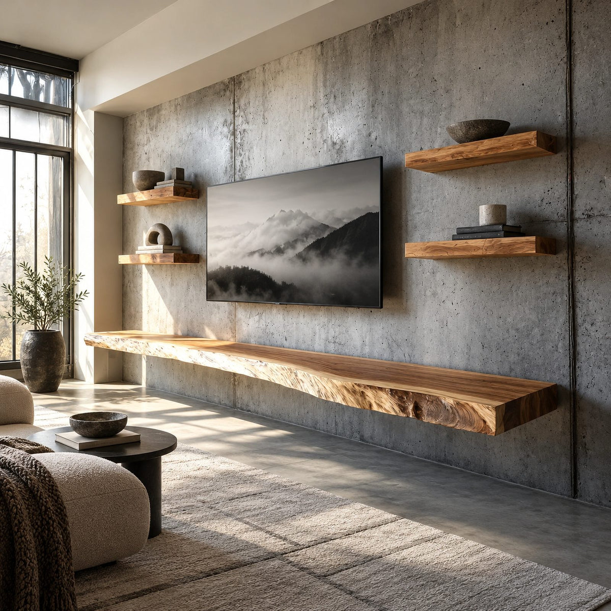 Scandinavian Live Edge Floating Media Console For Living Room