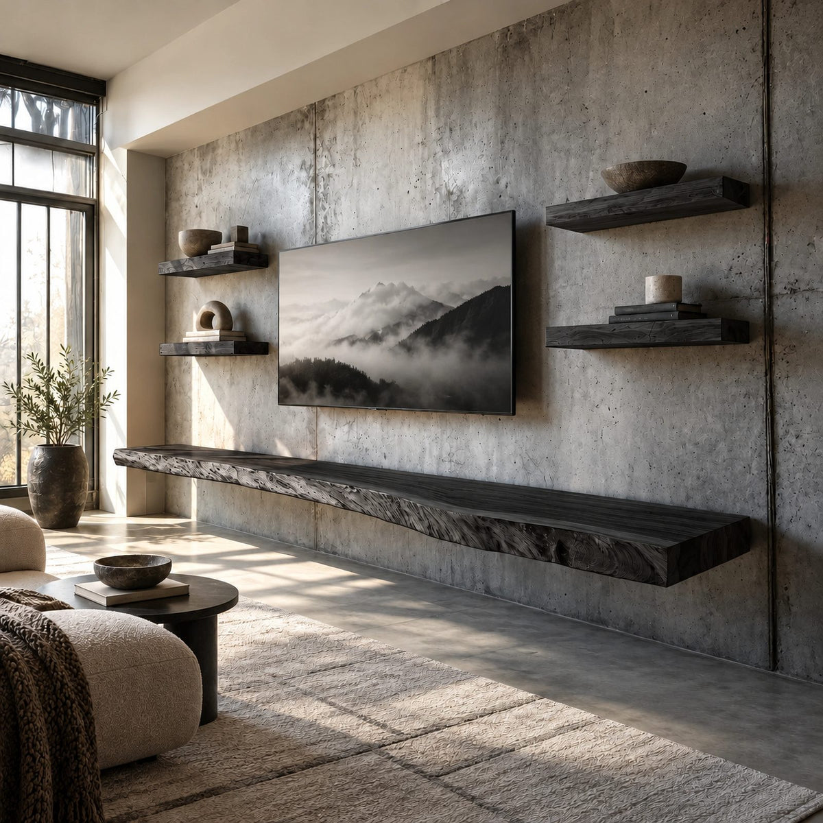 Scandinavian Live Edge Floating Media Console For Living Room