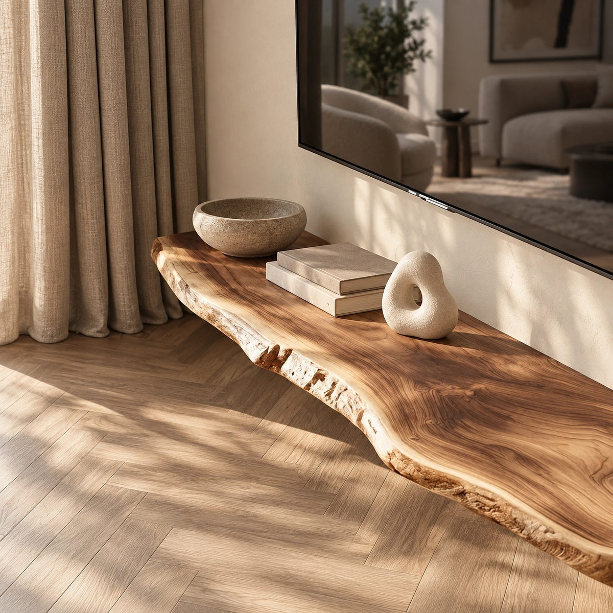 Coastal Live Edge Wall-Mounted TV Shelf For Living Room