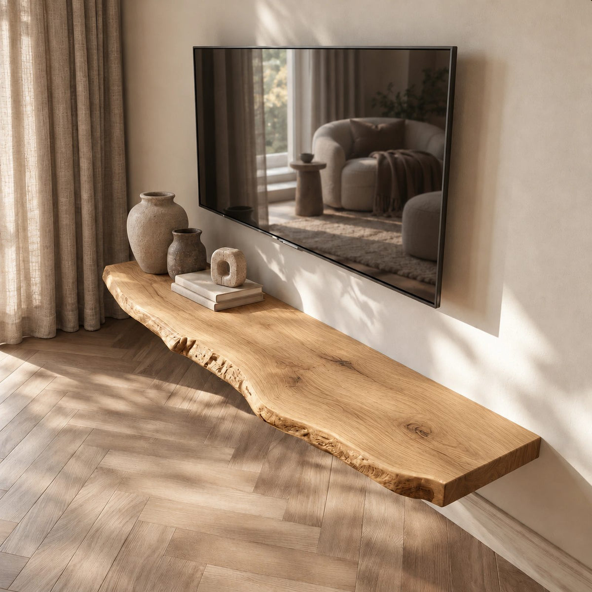 Coastal Live Edge Wall-Mounted TV Shelf For Living Room