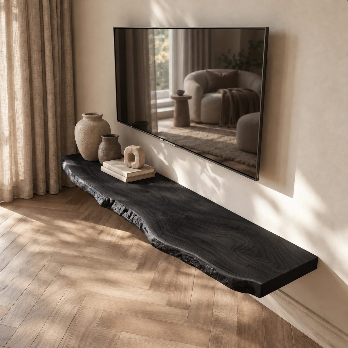 Coastal Live Edge Wall-Mounted TV Shelf For Living Room