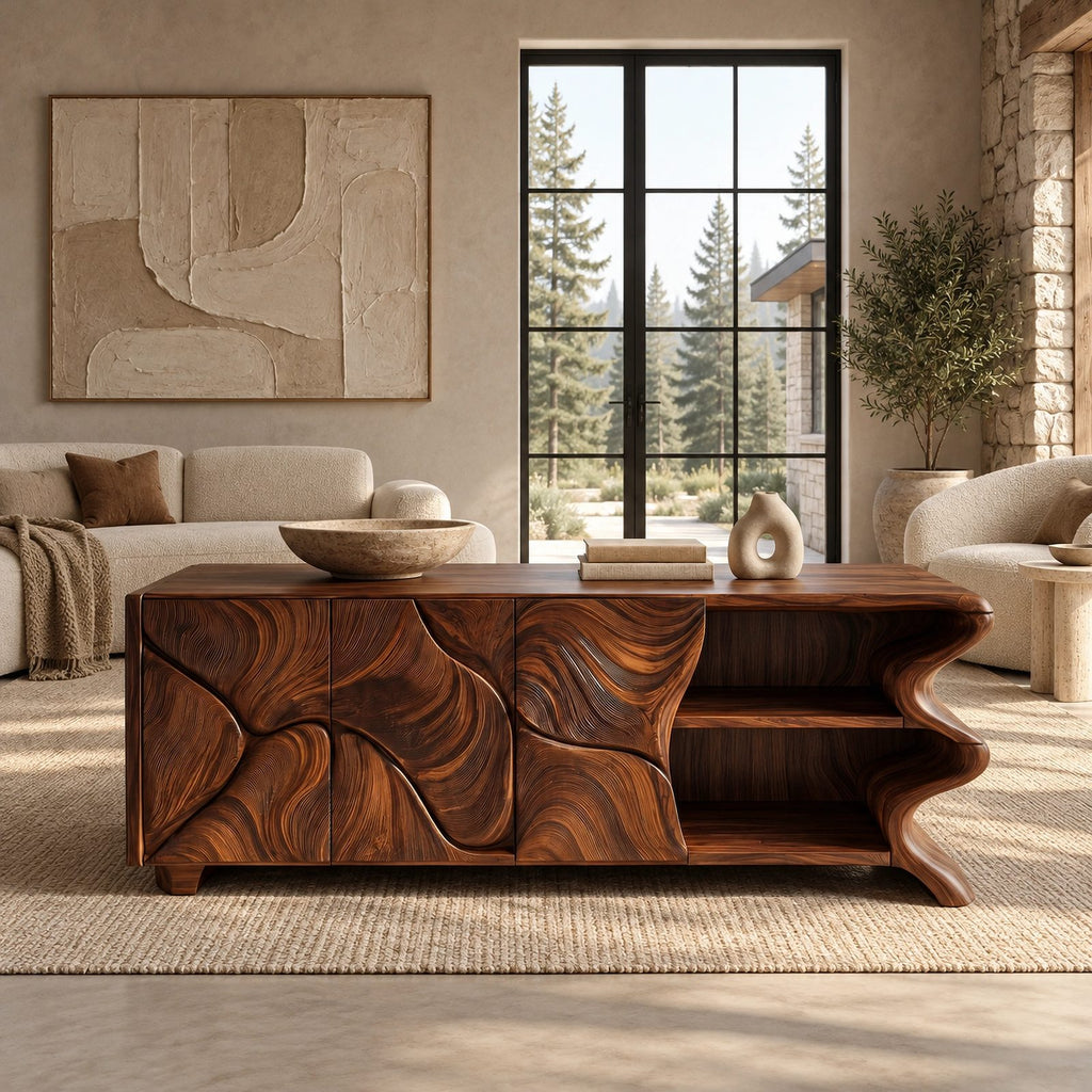 Minimalist Sideboard With Sculpted Artistic Doors For Living Room