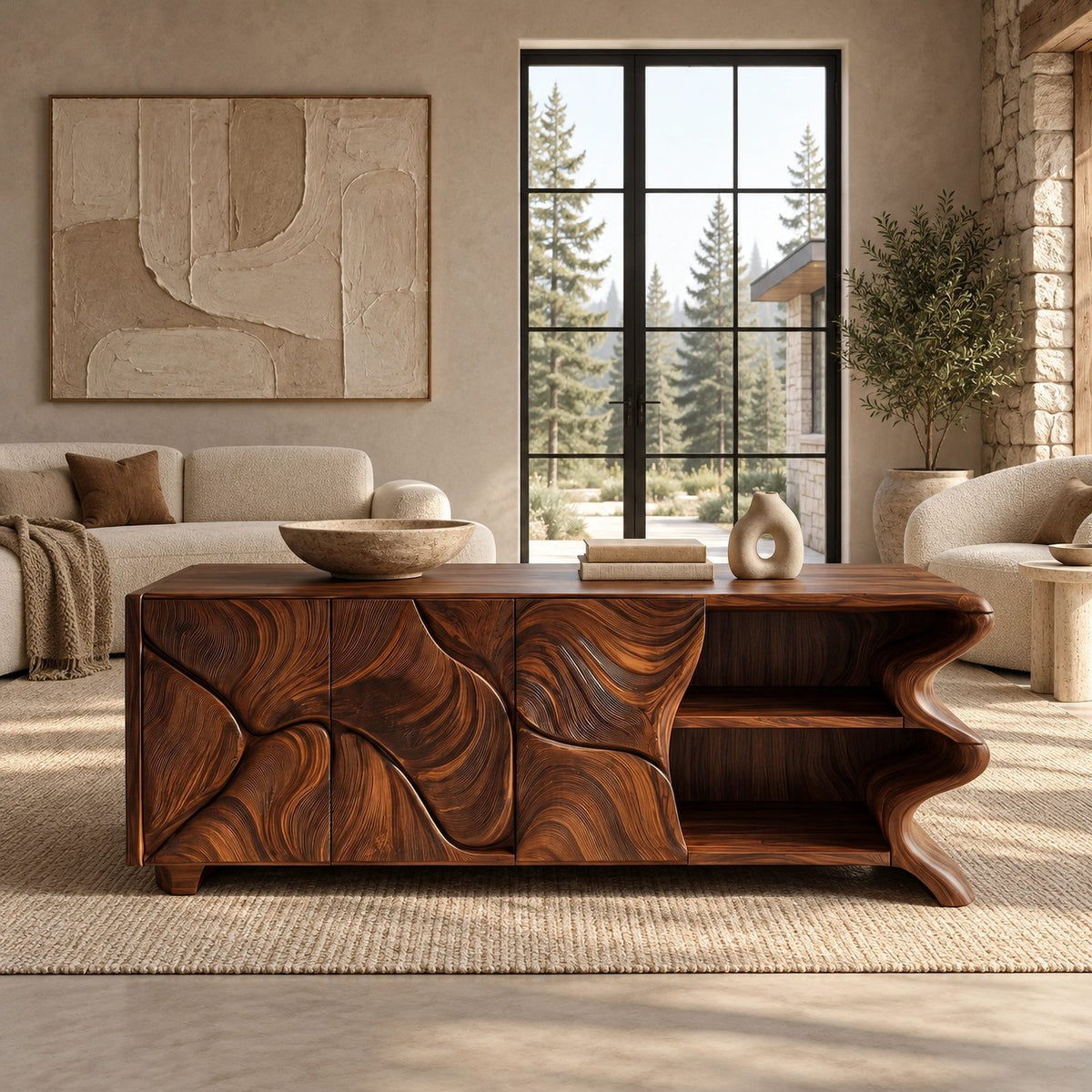 Minimalist Sideboard With Sculpted Artistic Doors For Living Room