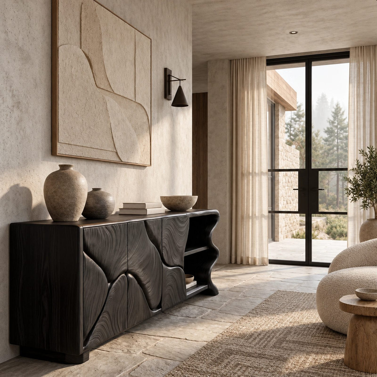 Minimalist Sideboard With Sculpted Artistic Doors For Living Room