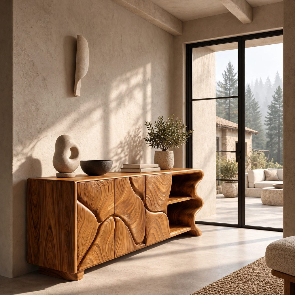 Minimalist Sideboard With Sculpted Artistic Doors For Living Room