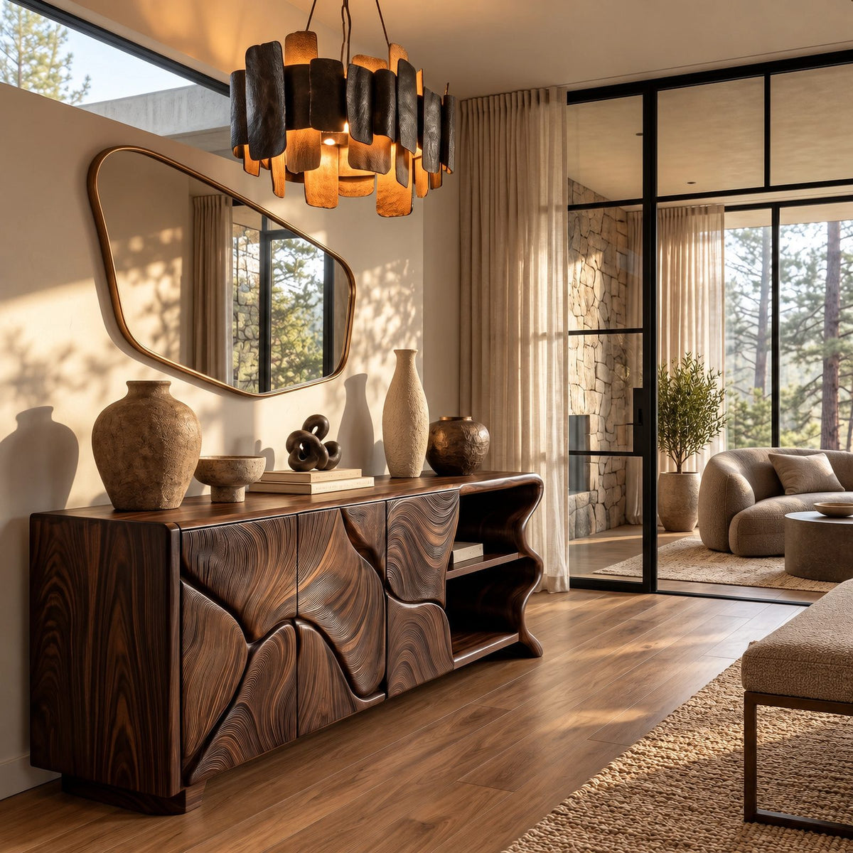 Minimalist Sideboard With Sculpted Artistic Doors For Living Room