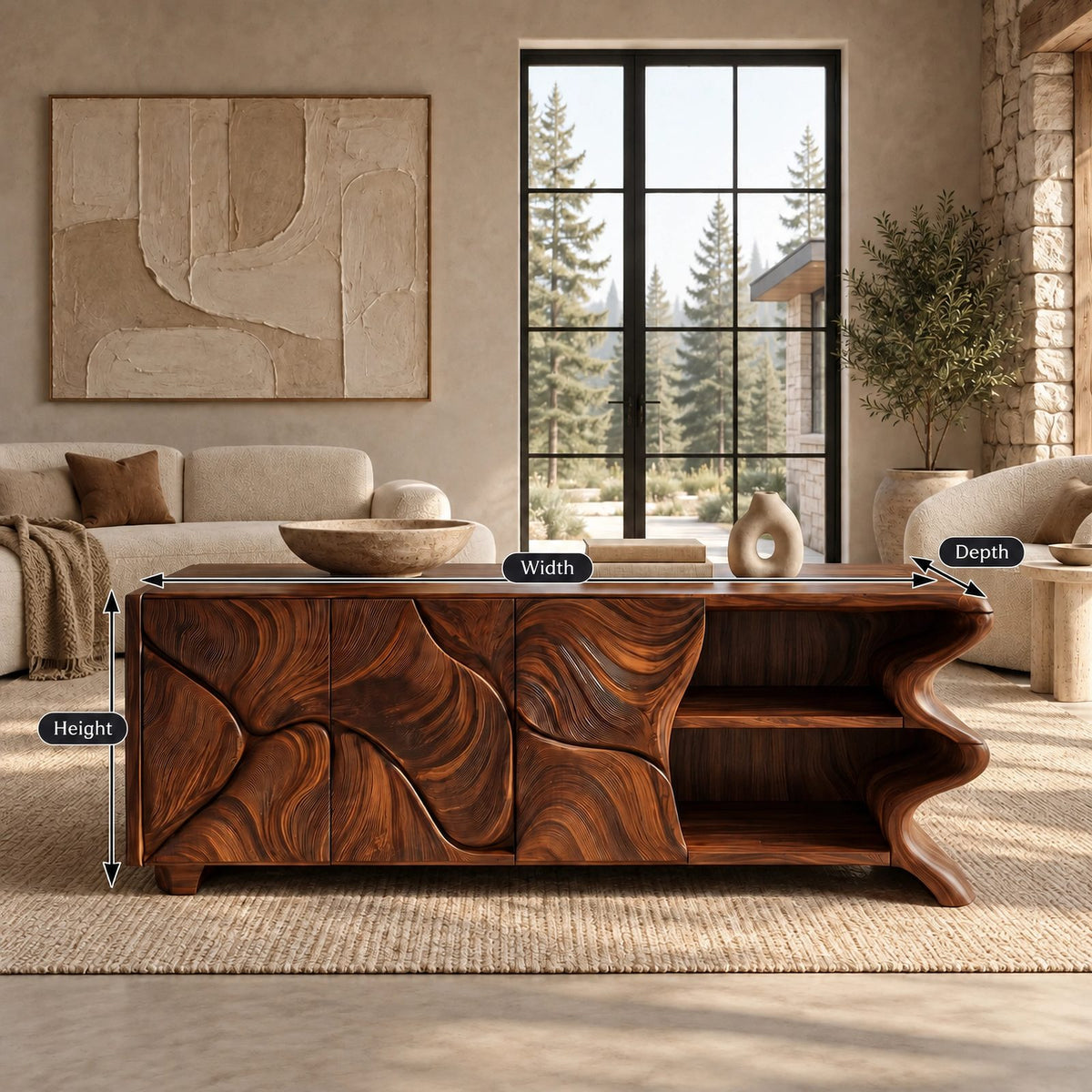 Minimalist Sideboard With Sculpted Artistic Doors For Living Room