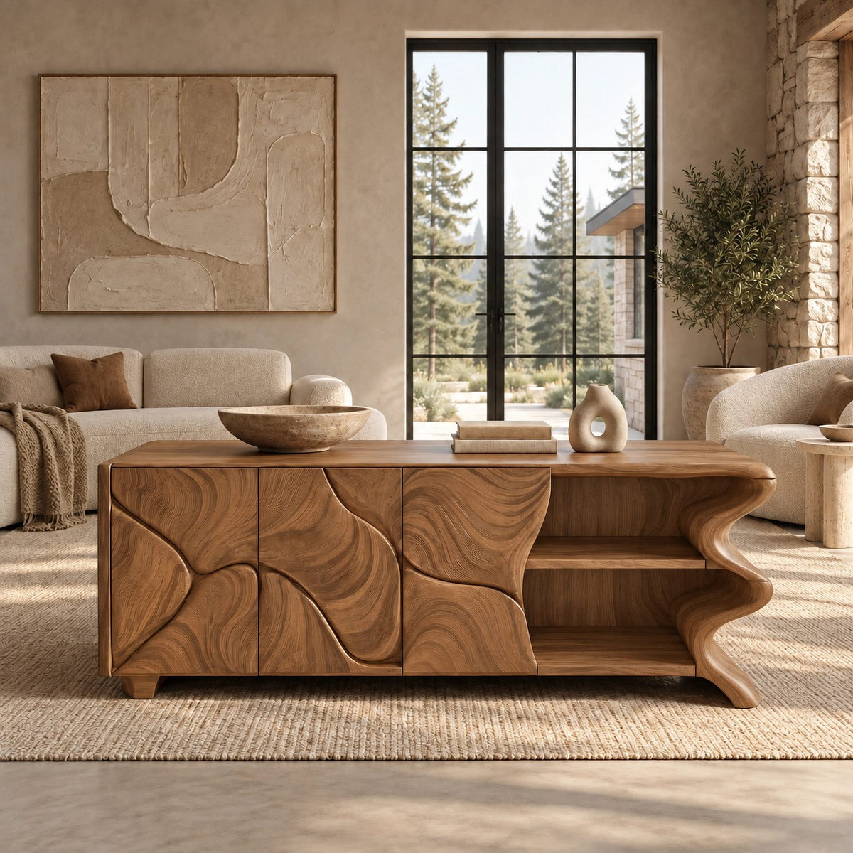 Minimalist Sideboard With Sculpted Artistic Doors For Living Room