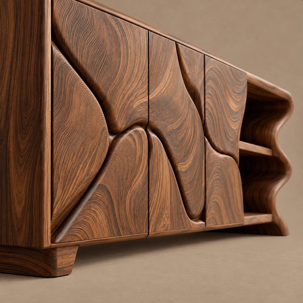 Minimalist Sideboard With Sculpted Artistic Doors For Living Room