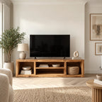 Rustic Solid Wood TV Stand With Open Cubby Shelves For Living Room