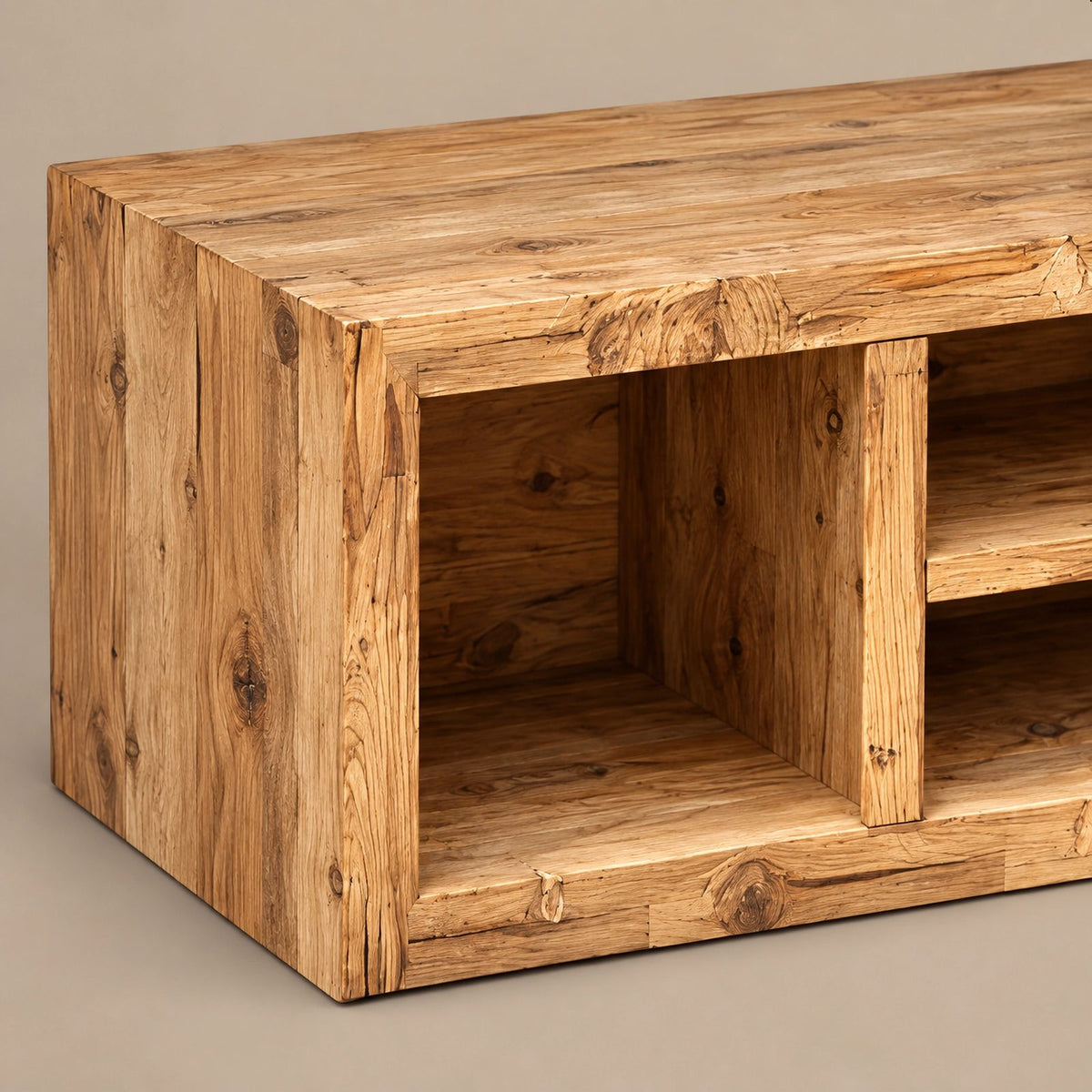 Rustic Solid Wood TV Stand With Open Cubby Shelves For Living Room