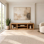 Rustic Solid Wood TV Stand With Open Cubby Shelves For Living Room