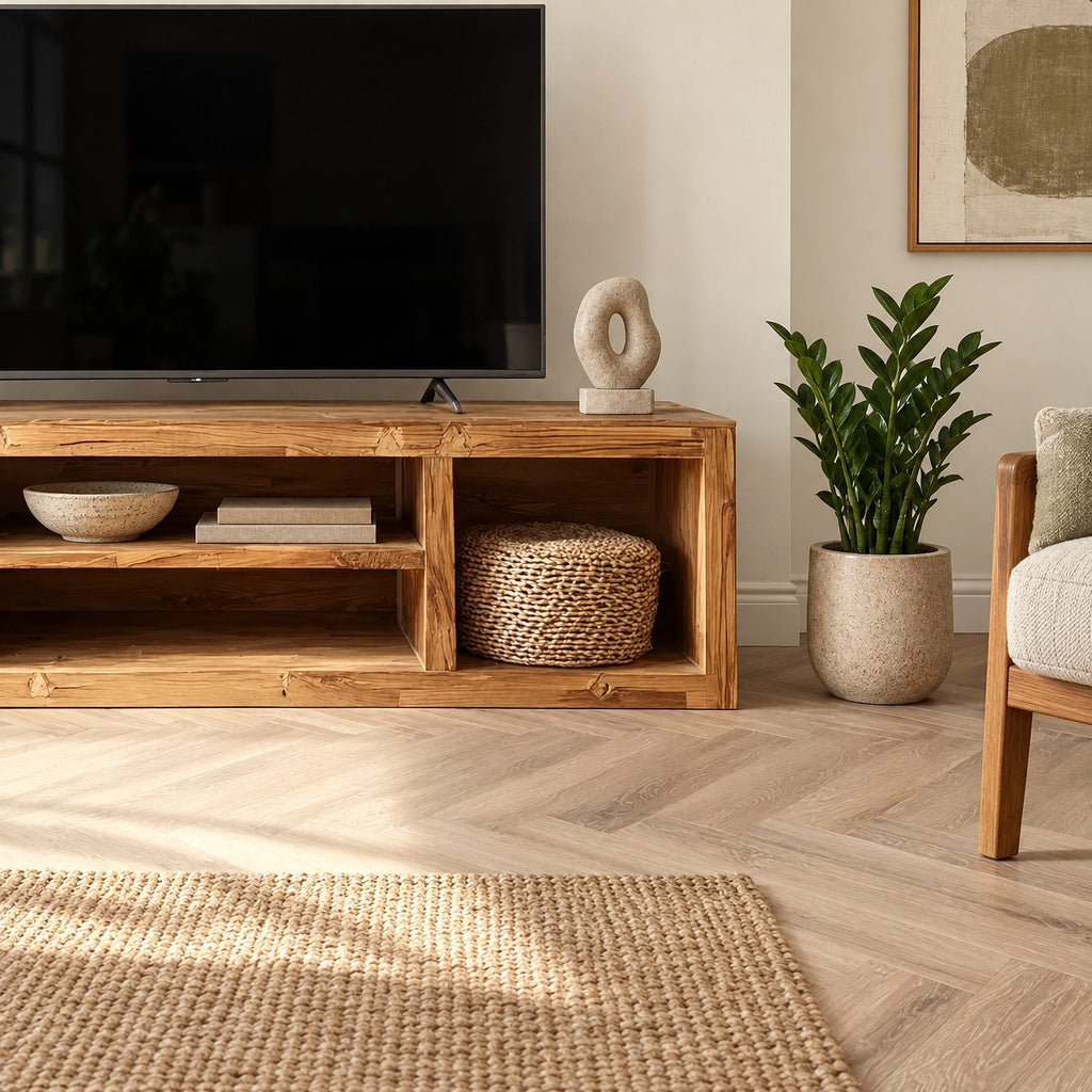 Rustic Solid Wood TV Stand With Open Cubby Shelves For Living Room
