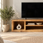 Rustic Solid Wood TV Stand With Open Cubby Shelves For Living Room