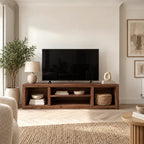 Rustic Solid Wood TV Stand With Open Cubby Shelves For Living Room