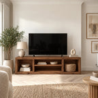 Rustic Solid Wood TV Stand With Open Cubby Shelves For Living Room