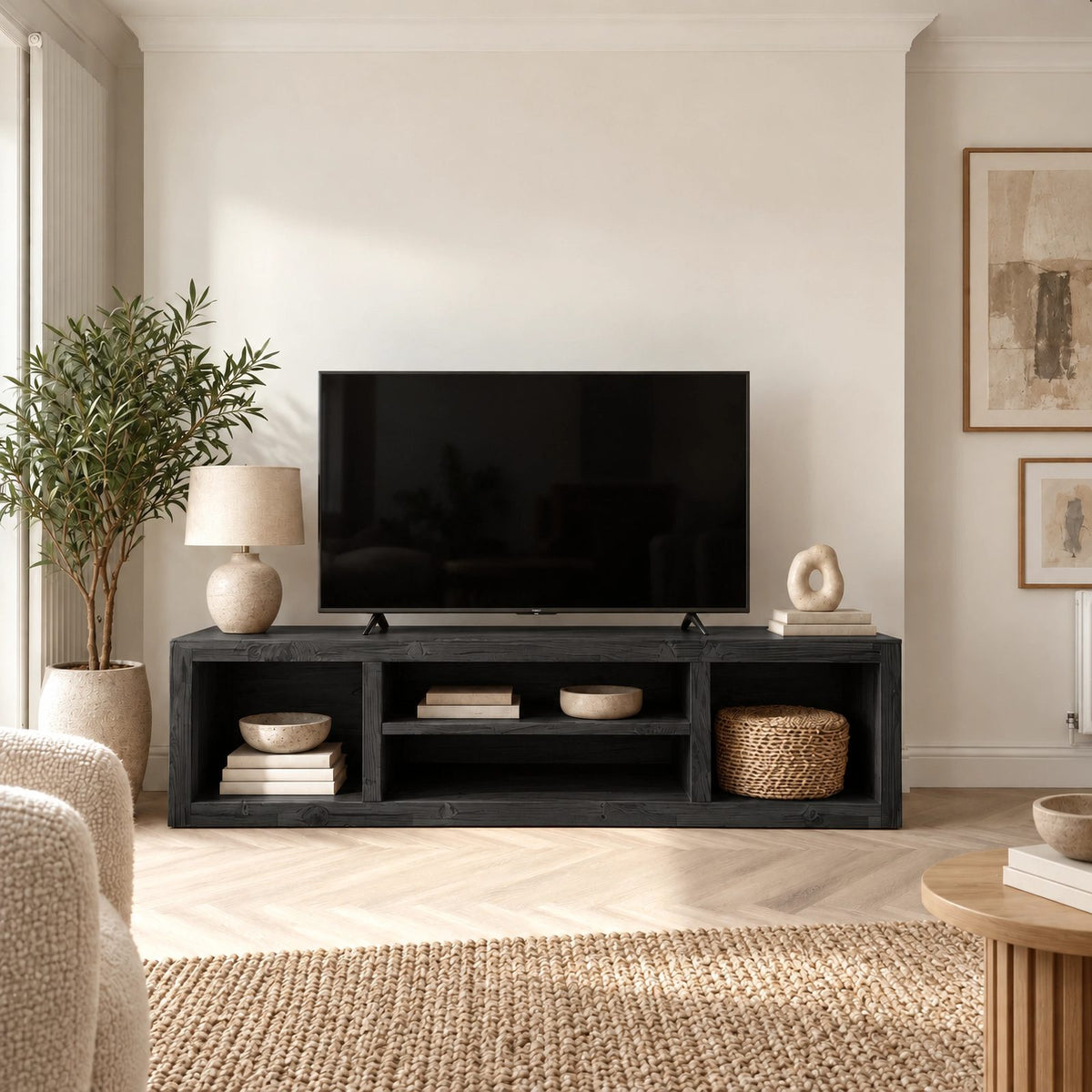 Rustic Solid Wood TV Stand With Open Cubby Shelves For Living Room