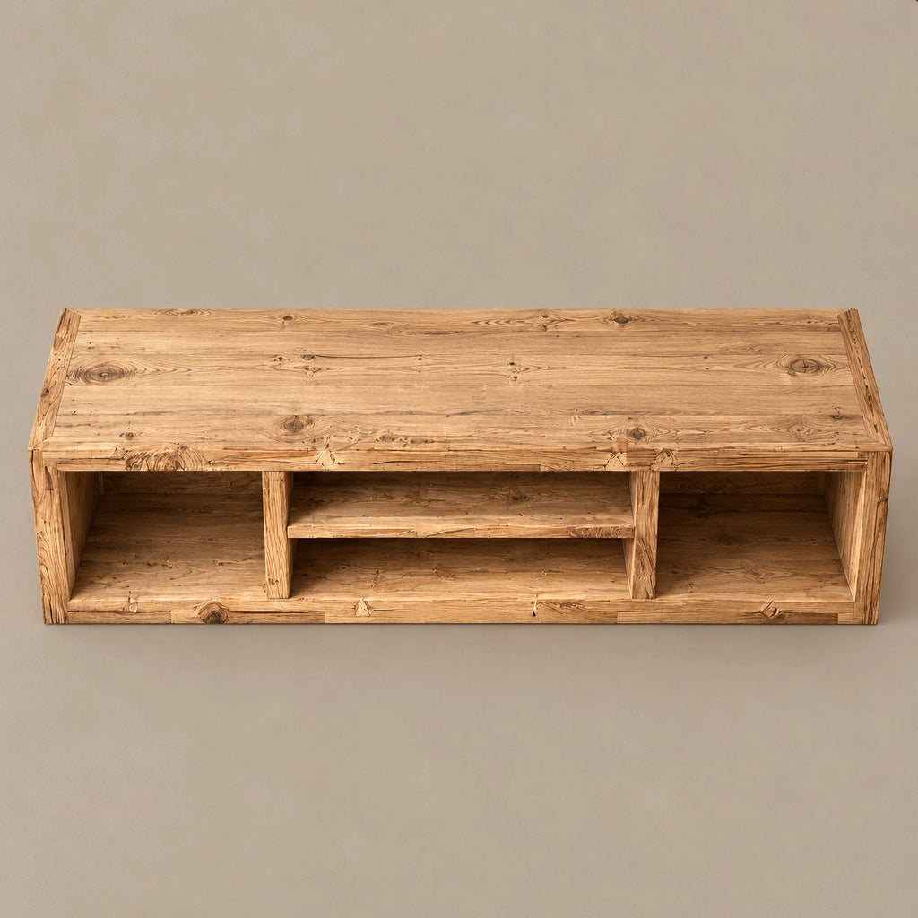 Rustic Solid Wood TV Stand With Open Cubby Shelves For Living Room