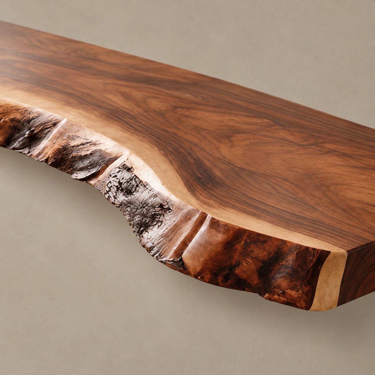 Organic Live Edge Wood Floating TV Shelf For Living Room