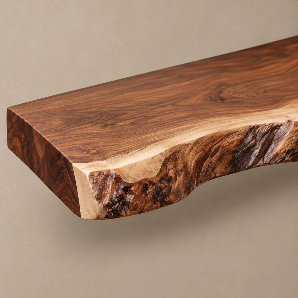 Organic Live Edge Wood Floating TV Shelf For Living Room