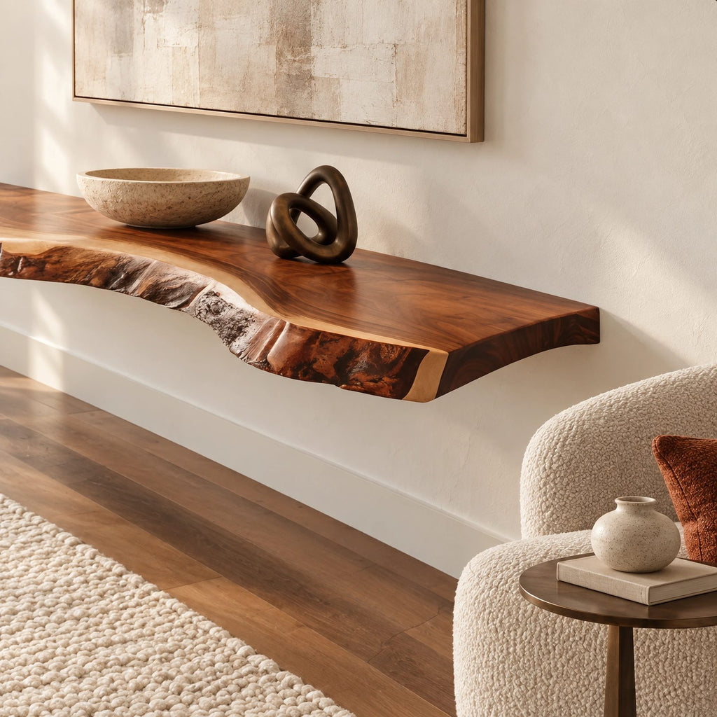 Organic Live Edge Wood Floating TV Shelf For Living Room