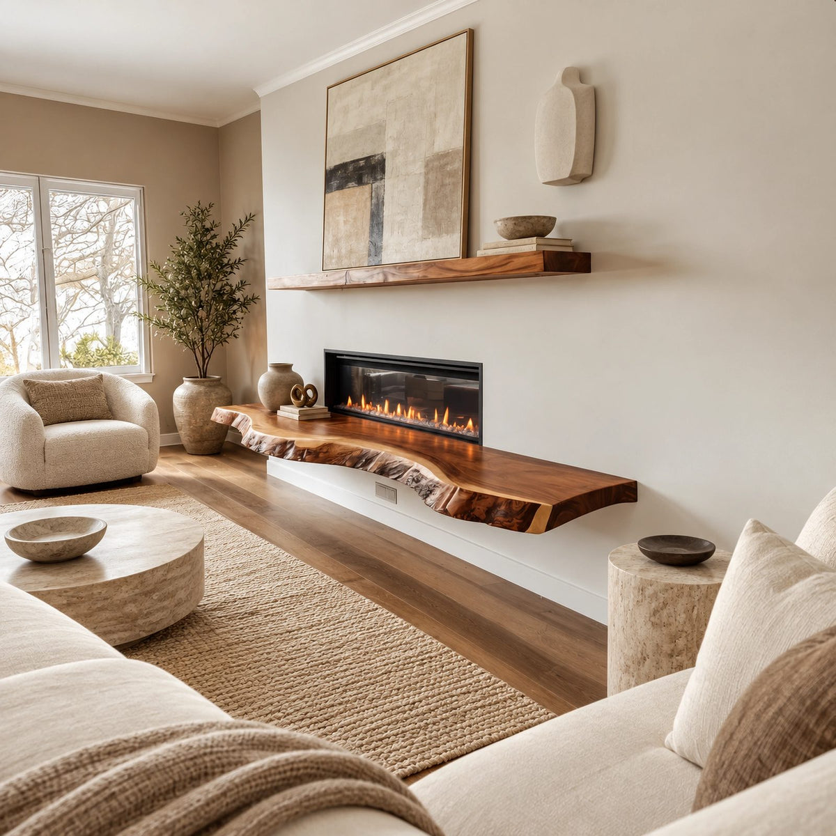 Organic Live Edge Wood Floating TV Shelf For Living Room