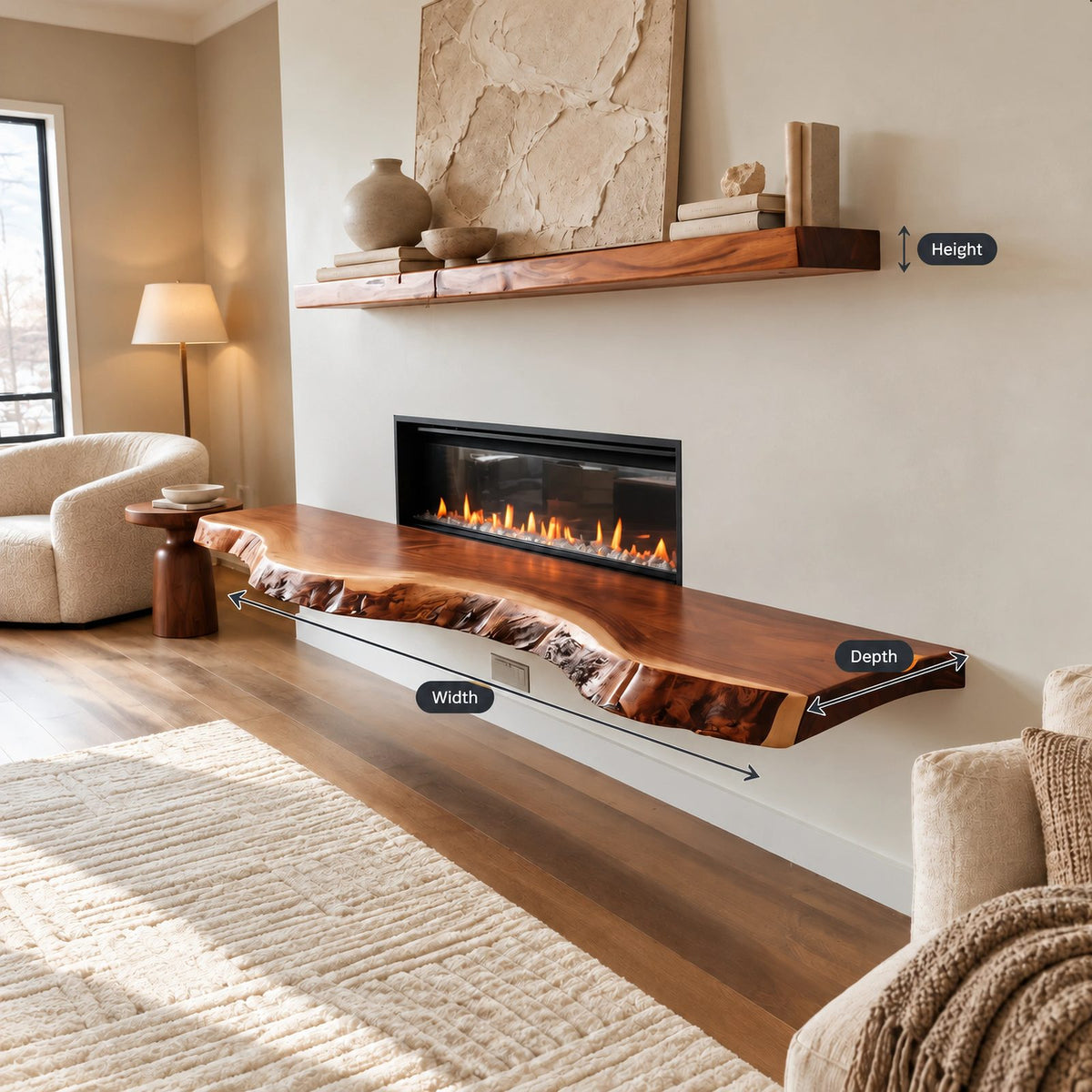 Organic Live Edge Wood Floating TV Shelf For Living Room