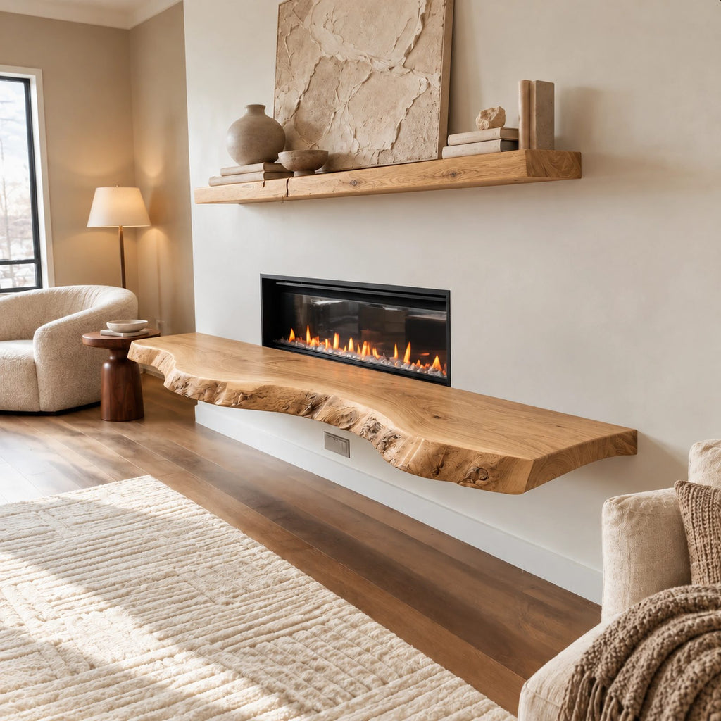 Organic Live Edge Wood Floating TV Shelf For Living Room