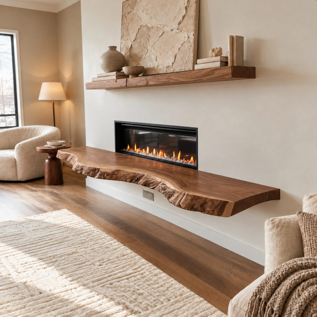 Organic Live Edge Wood Floating TV Shelf For Living Room