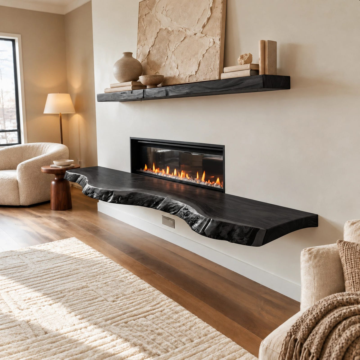 Organic Live Edge Wood Floating TV Shelf For Living Room