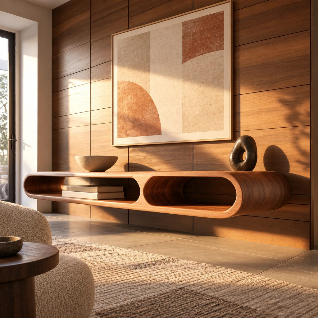Sculptural Curved Wood TV Console With Open Cutout Shelves For Living Room