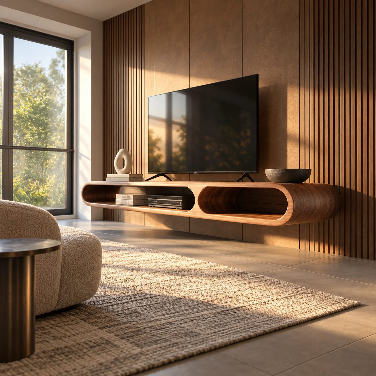 Sculptural Curved Wood TV Console With Open Cutout Shelves For Living Room