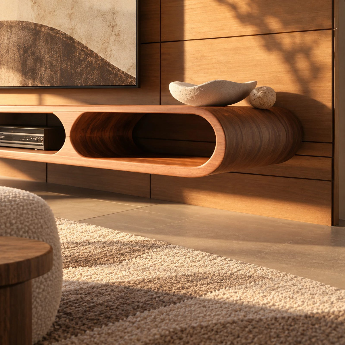 Sculptural Curved Wood TV Console With Open Cutout Shelves For Living Room