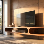 Sculptural Curved Wood TV Console With Open Cutout Shelves For Living Room