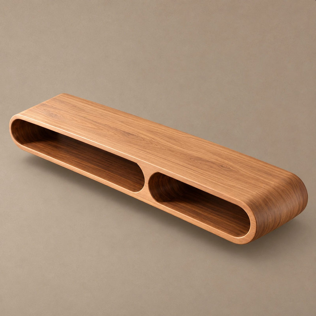 Sculptural Curved Wood TV Console With Open Cutout Shelves For Living Room