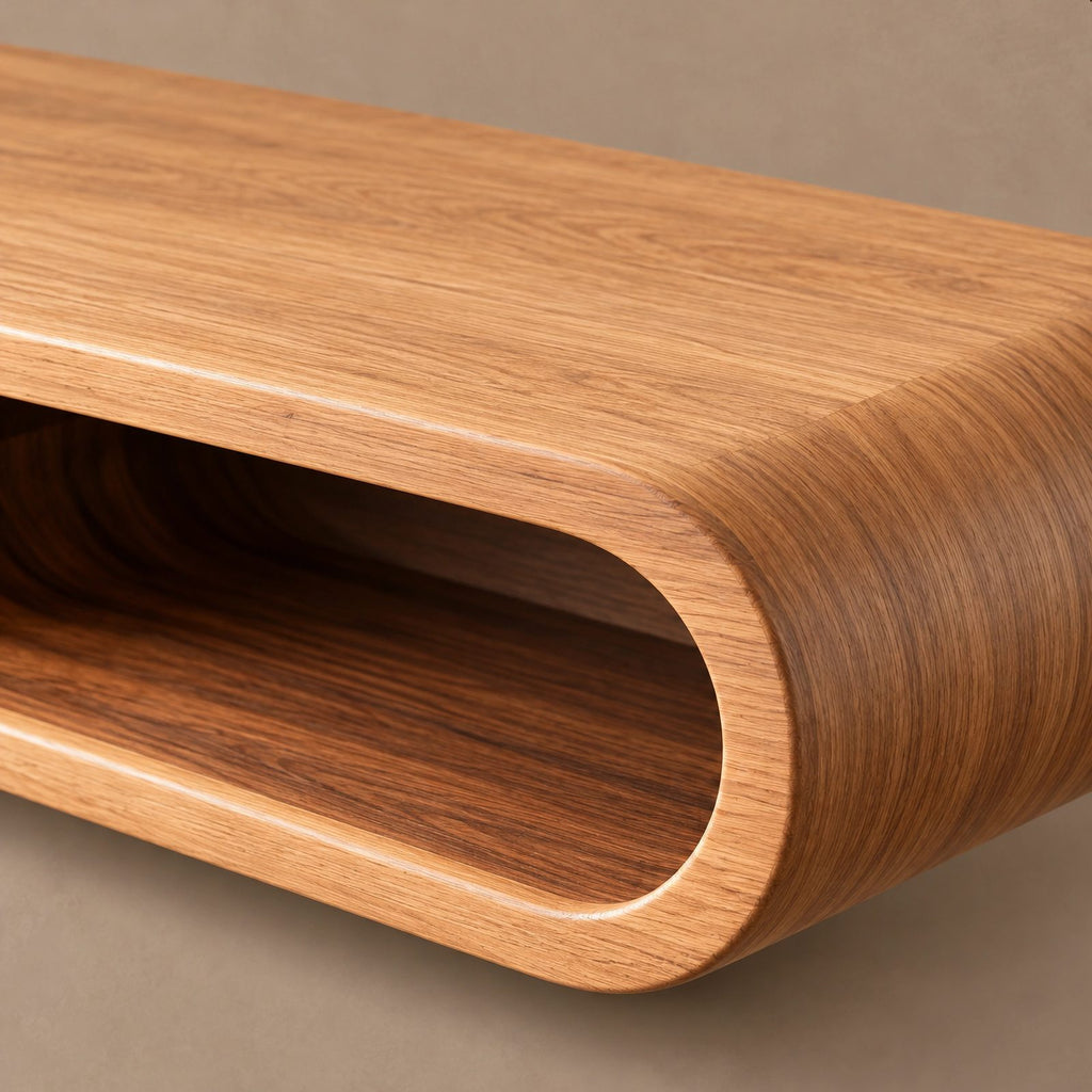 Sculptural Curved Wood TV Console With Open Cutout Shelves For Living Room