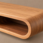 Sculptural Curved Wood TV Console With Open Cutout Shelves For Living Room