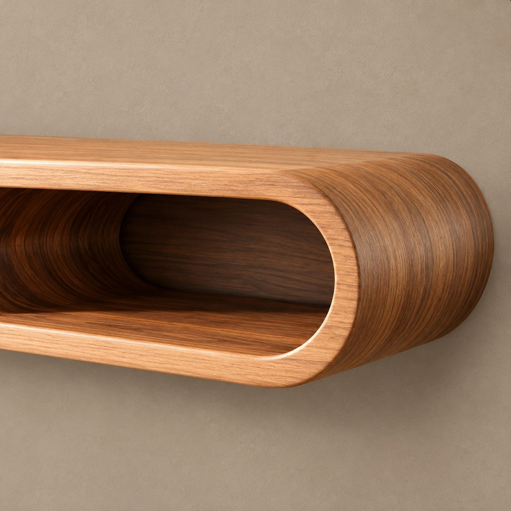 Sculptural Curved Wood TV Console With Open Cutout Shelves For Living Room