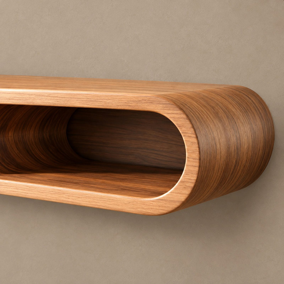 Sculptural Curved Wood TV Console With Open Cutout Shelves For Living Room
