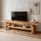 Rustic Live Edge Wood TV Stand With Open Lower Shelf For Living Room