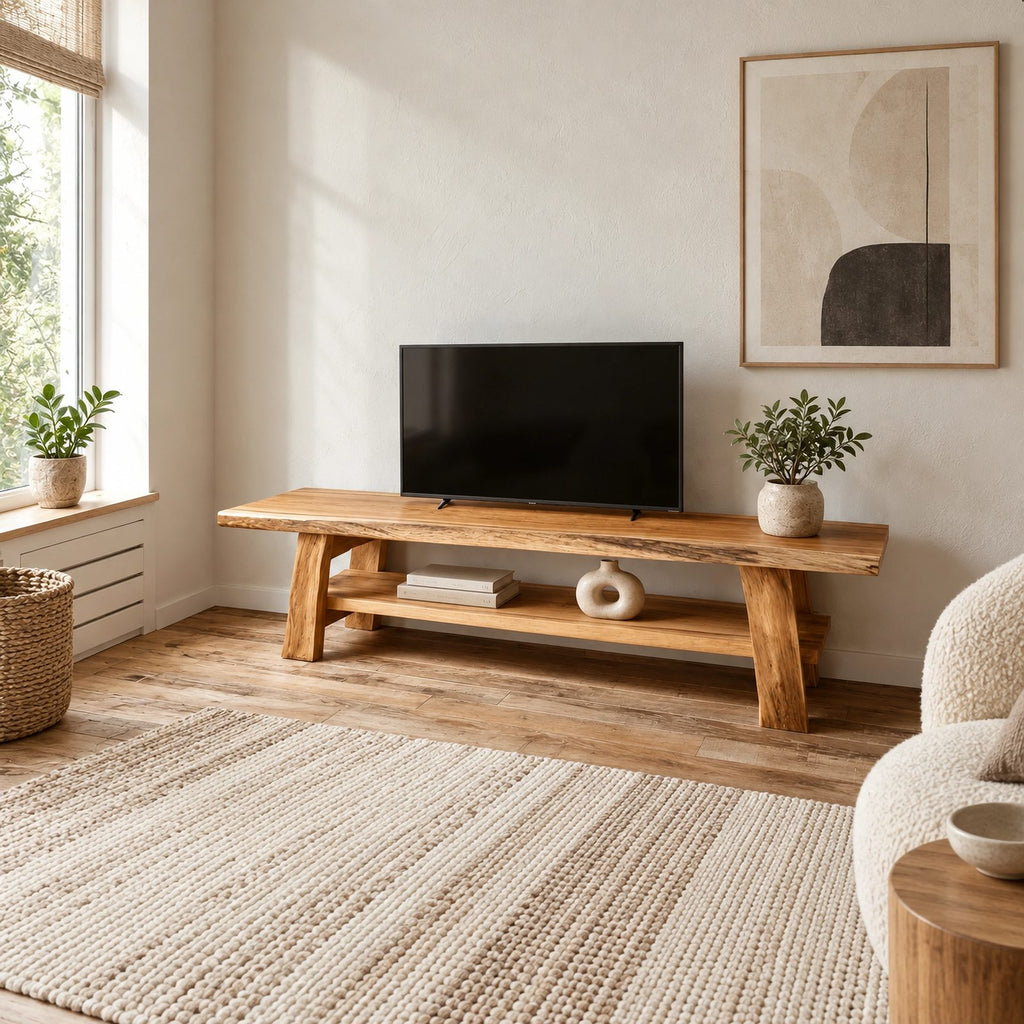 Rustic Live Edge Wood TV Stand With Open Lower Shelf For Living Room