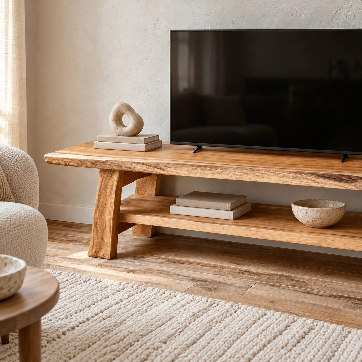 Rustic Live Edge Wood TV Stand With Open Lower Shelf For Living Room