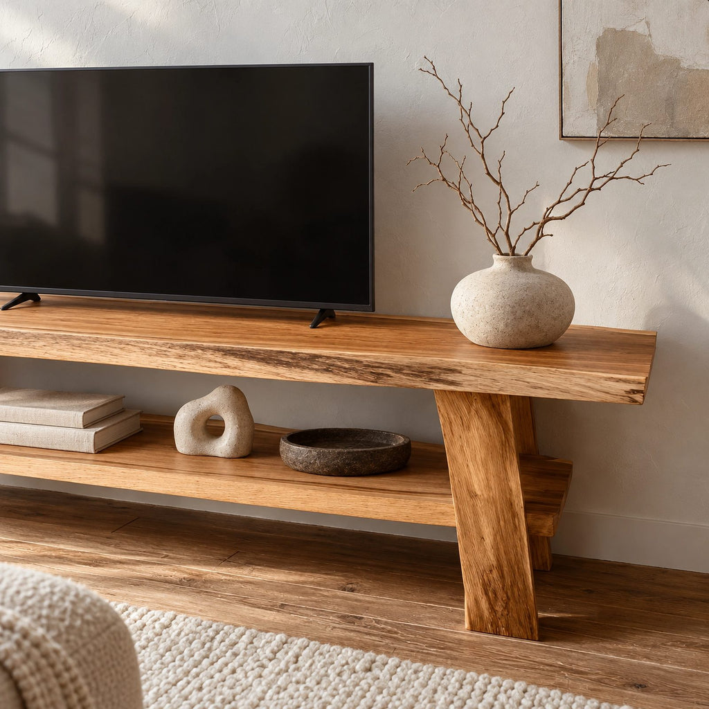 Rustic Live Edge Wood TV Stand With Open Lower Shelf For Living Room