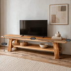 Rustic Live Edge Wood TV Stand With Open Lower Shelf For Living Room