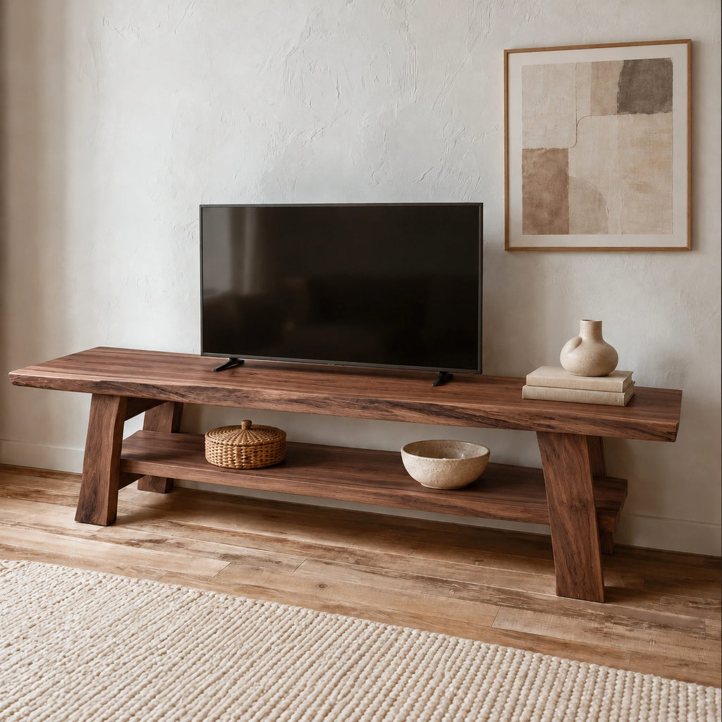 Rustic Live Edge Wood TV Stand With Open Lower Shelf For Living Room