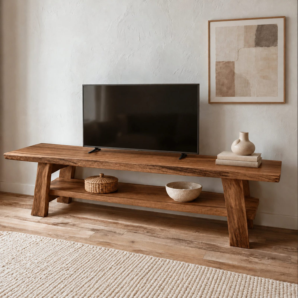 Rustic Live Edge Wood TV Stand With Open Lower Shelf For Living Room
