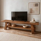 Rustic Live Edge Wood TV Stand With Open Lower Shelf For Living Room