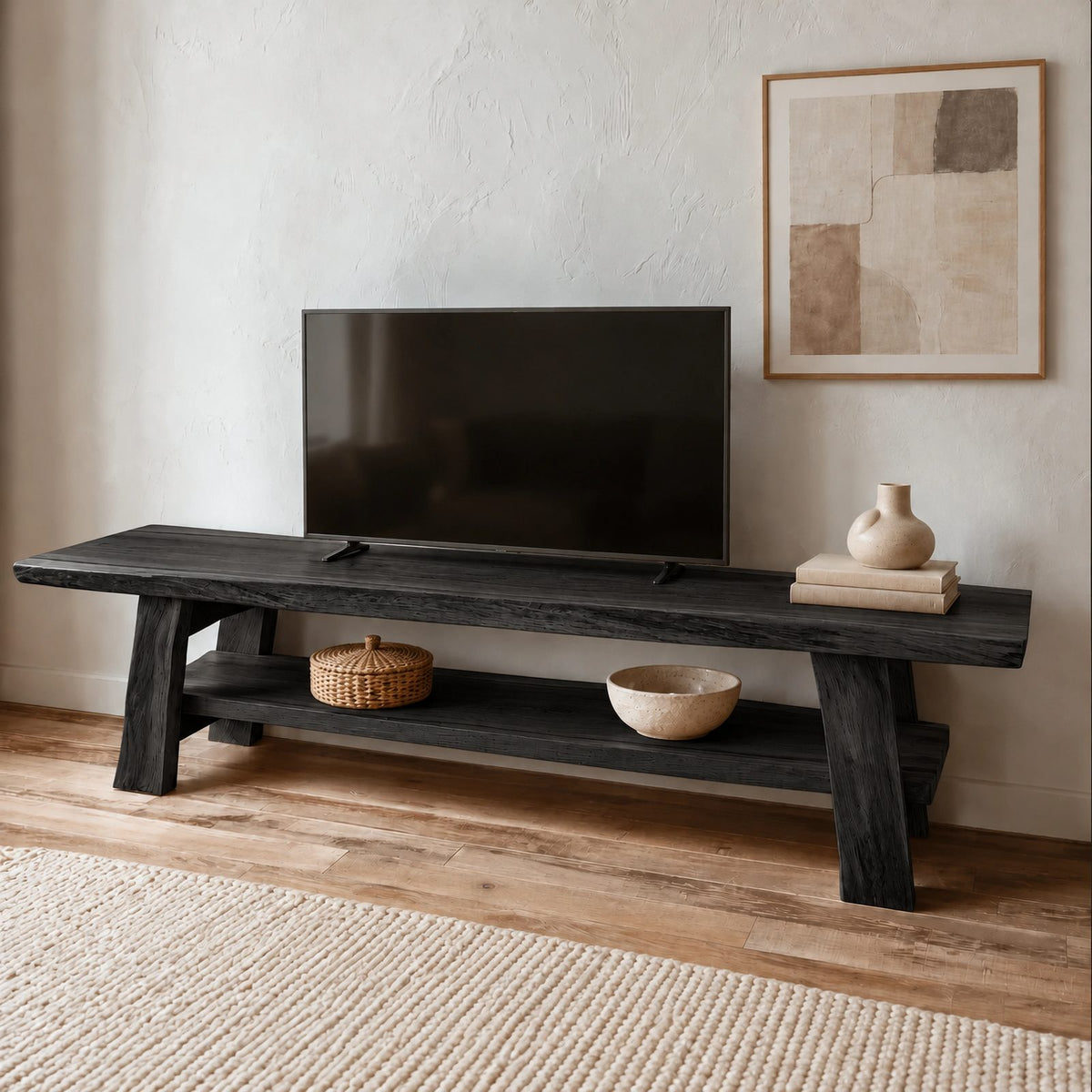 Rustic Live Edge Wood TV Stand With Open Lower Shelf For Living Room